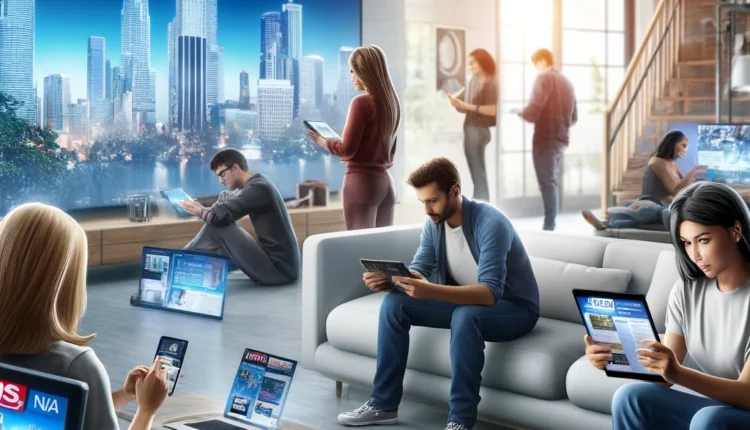 Realistic illustration of people engaging with online news on smartphones, tablets, and laptops in a modern home setting, reflecting the accessibility and convenience of digital news consumption.